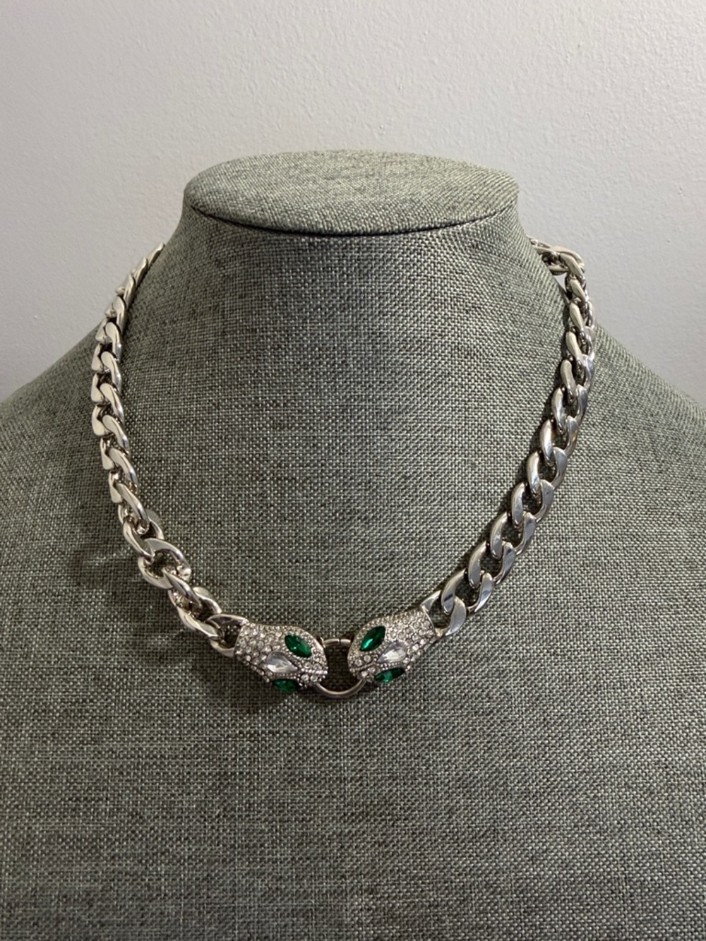 Silver Chain Necklace with Green Gemstone Snake Heads